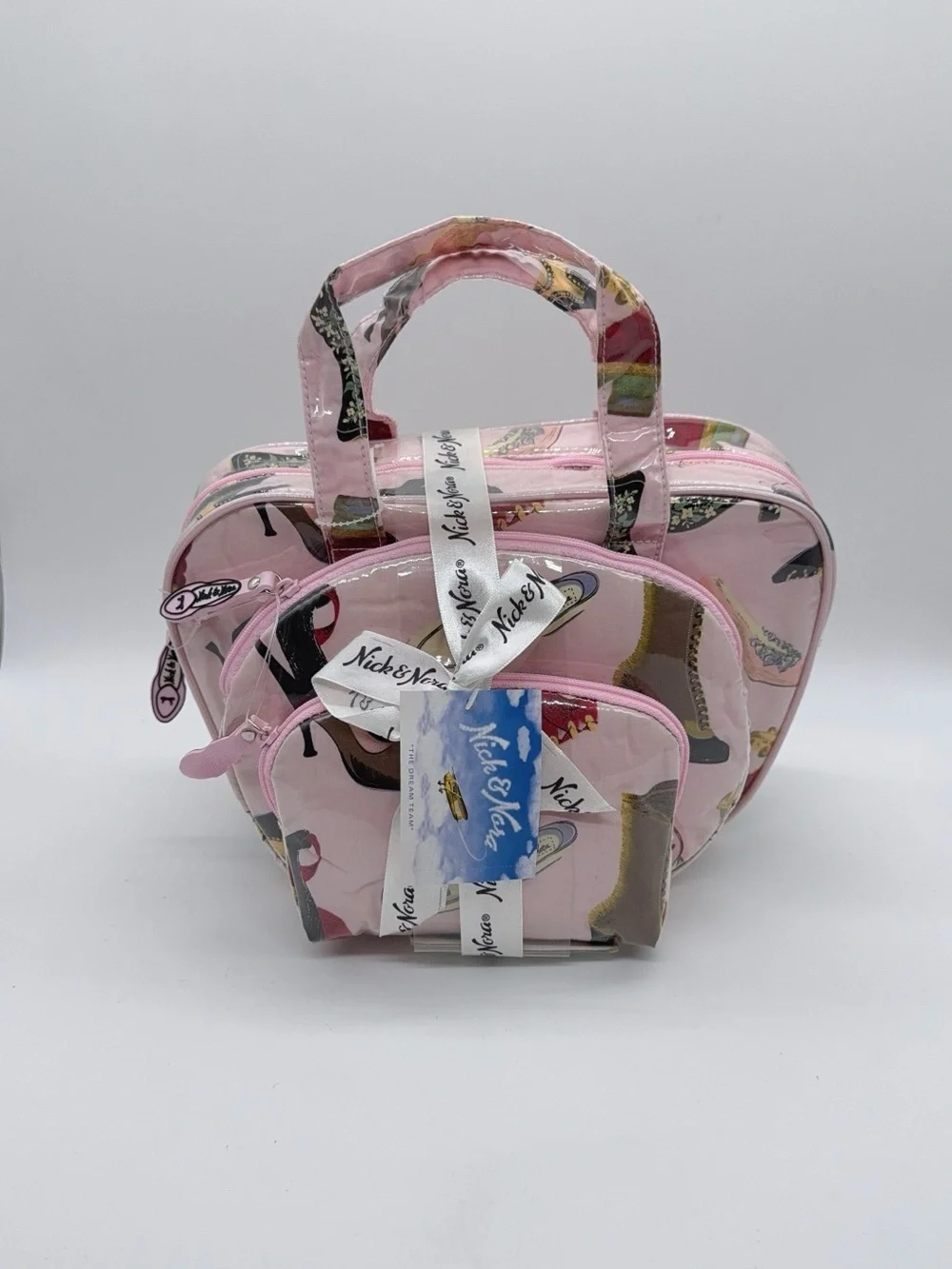Nick & Nora vintage Pink Shoe-Print Cosmetic/trabel Bag Trio NWT
